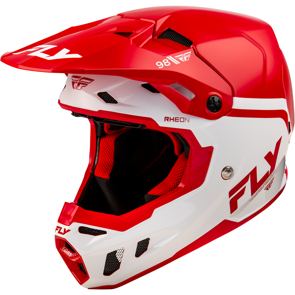 A red and white Fly Racing full-face motocross helmet, featuring the 'FLY' brand name and logo on the visor, side, and chin bar, along with '98' and 'RHEON' markings.
