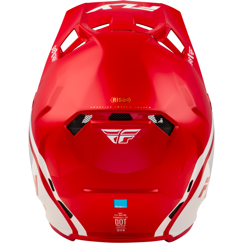 A red full-face motocross helmet with white side graphics and a white Fly Racing logo on the back, shown against a plain white background.