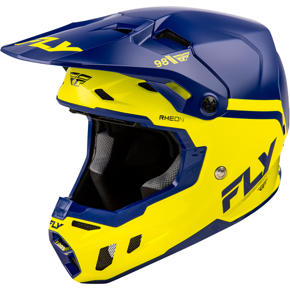 A Fly Racing full-face motocross helmet in navy blue and bright yellow, featuring the model number 98 and 'RHEON' branding on a clean white background.