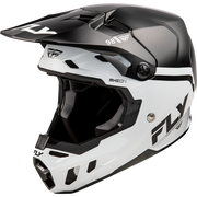 A white and black Fly Racing full-face motocross helmet with a matching visor, featuring the 'FLY' brand name and 'RHEON' model text on a clean white background.