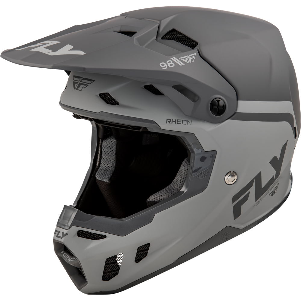 Gray motocross helmet with 'Fly' branding on a white background