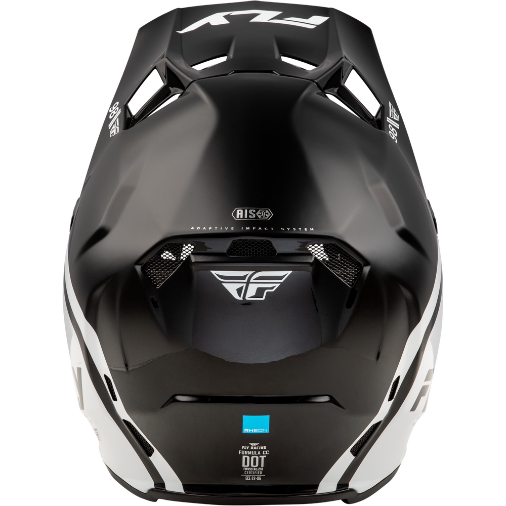 A matte black Fly Racing full-face mountain bike helmet shown from the rear, featuring white graphic accents, the silver Fly logo, and an AIS impact system badge on a white background.