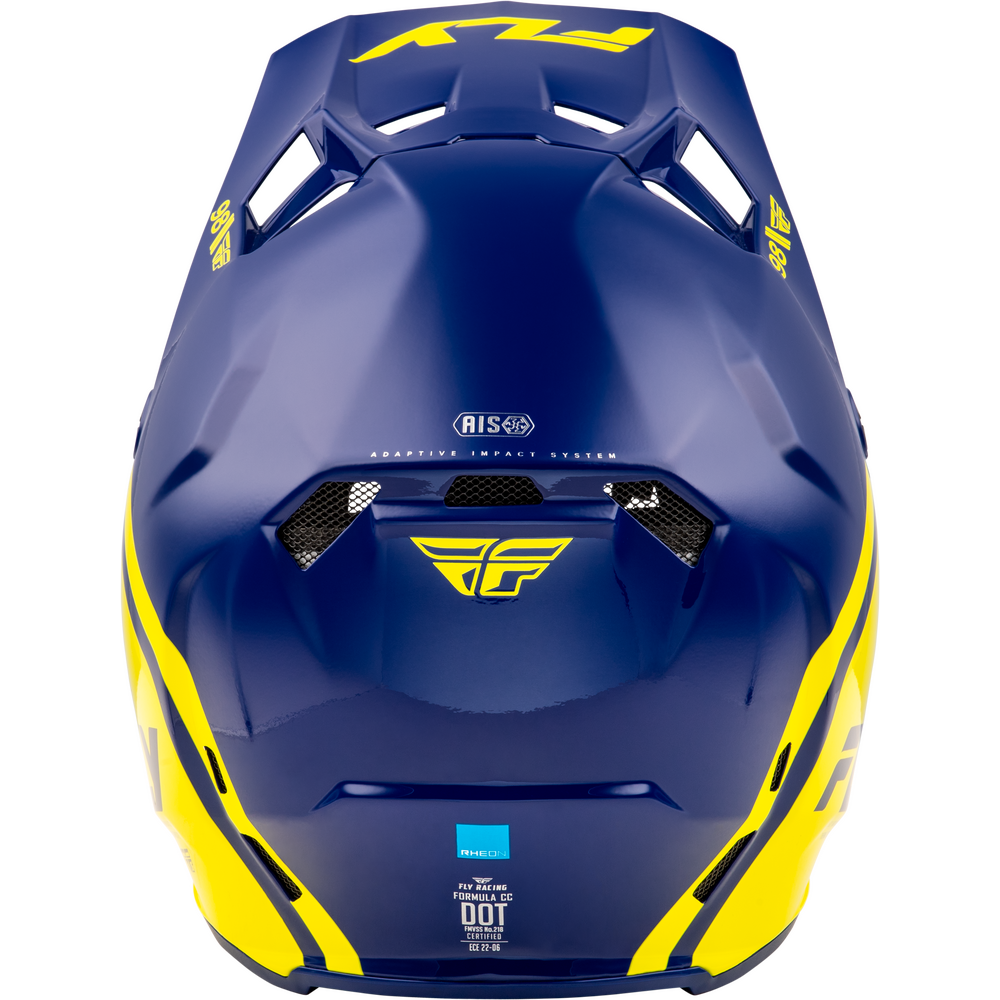 A blue and yellow full-face mountain bike helmet shown from the rear, featuring the Fly Racing logo and a yellow RAZ decal on a white background.