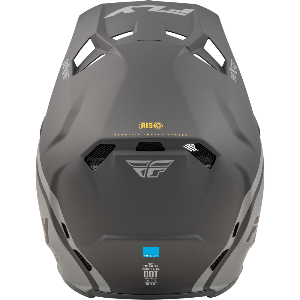 A matte dark gray full-face mountain bike helmet with silver and gold branding details, including the FLY logo and a blue DOT certification sticker, shown from a rear three-quarter view on a white background.