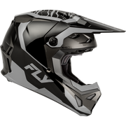 A full-face motocross helmet in a glossy black and dark gray color scheme, featuring a prominent visor and the 'FLY' brand logo on the side, set against a plain white background.