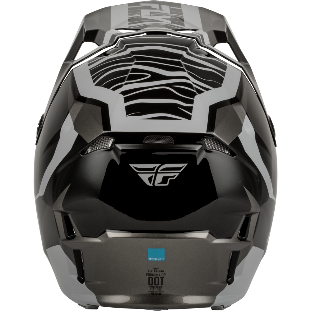 A close-up rear view of a Fly Racing full-face motorcycle helmet in glossy black with silver graphic accents and a stylized wavy pattern on the top shell. The silver Fly logo is visible on the rear window, and a blue DOT 4 label is near the bottom.