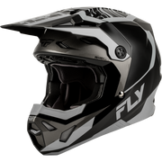 A full-face motocross helmet in black and gray with white graphic accents, featuring a visor and the FLY brand logo on the side and chin guard, set against a plain white background.