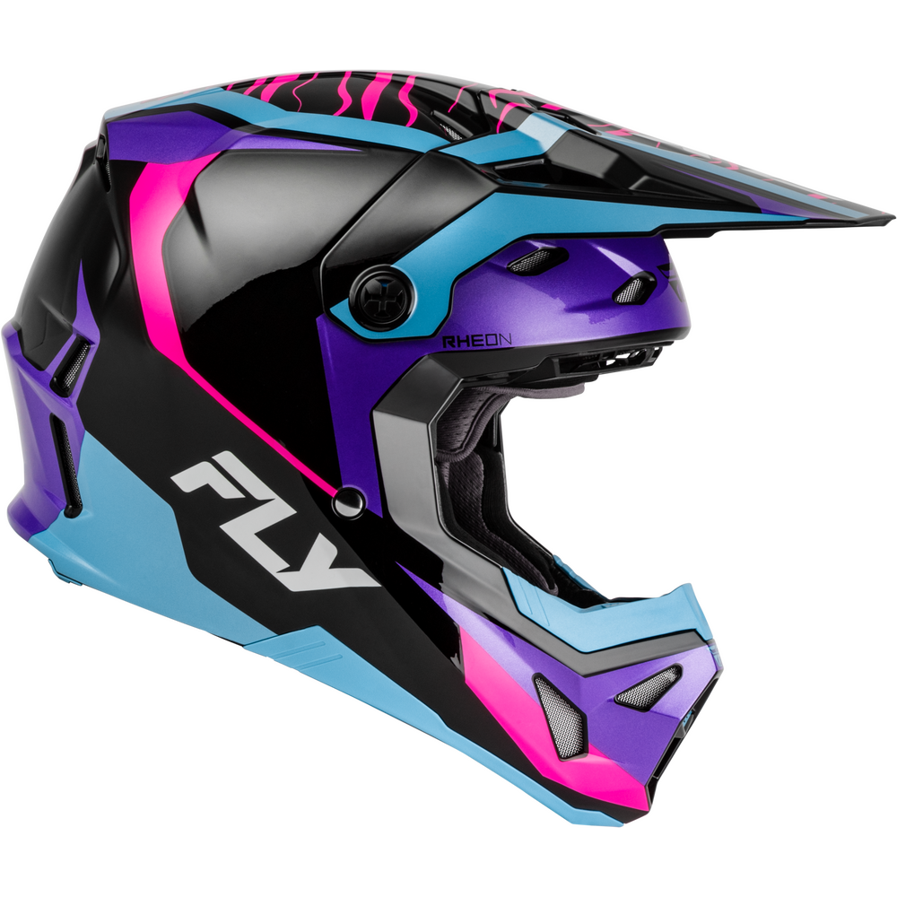 A motocross full-face helmet by Fly Racing, featuring a glossy black shell with vibrant purple, light blue, and hot pink graphic accents, and a white 'FLY' logo on the side.