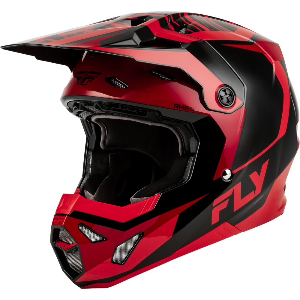 A red and black full-face motocross helmet with a matching visor, featuring the FLY brand logo on the side and chin guard, shown against a plain white background.