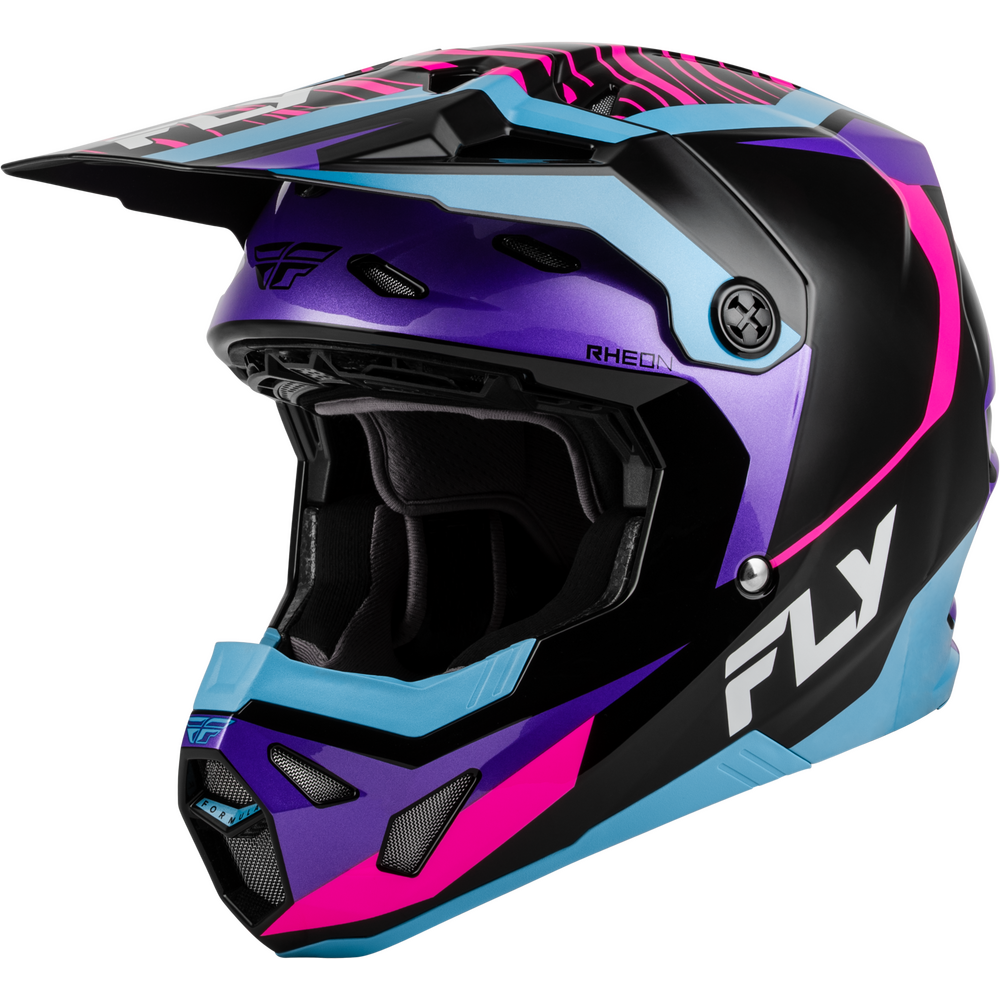 A full-face motocross helmet by Fly Racing, featuring a glossy black, purple, and light blue color scheme with vibrant hot pink accents and white branding.