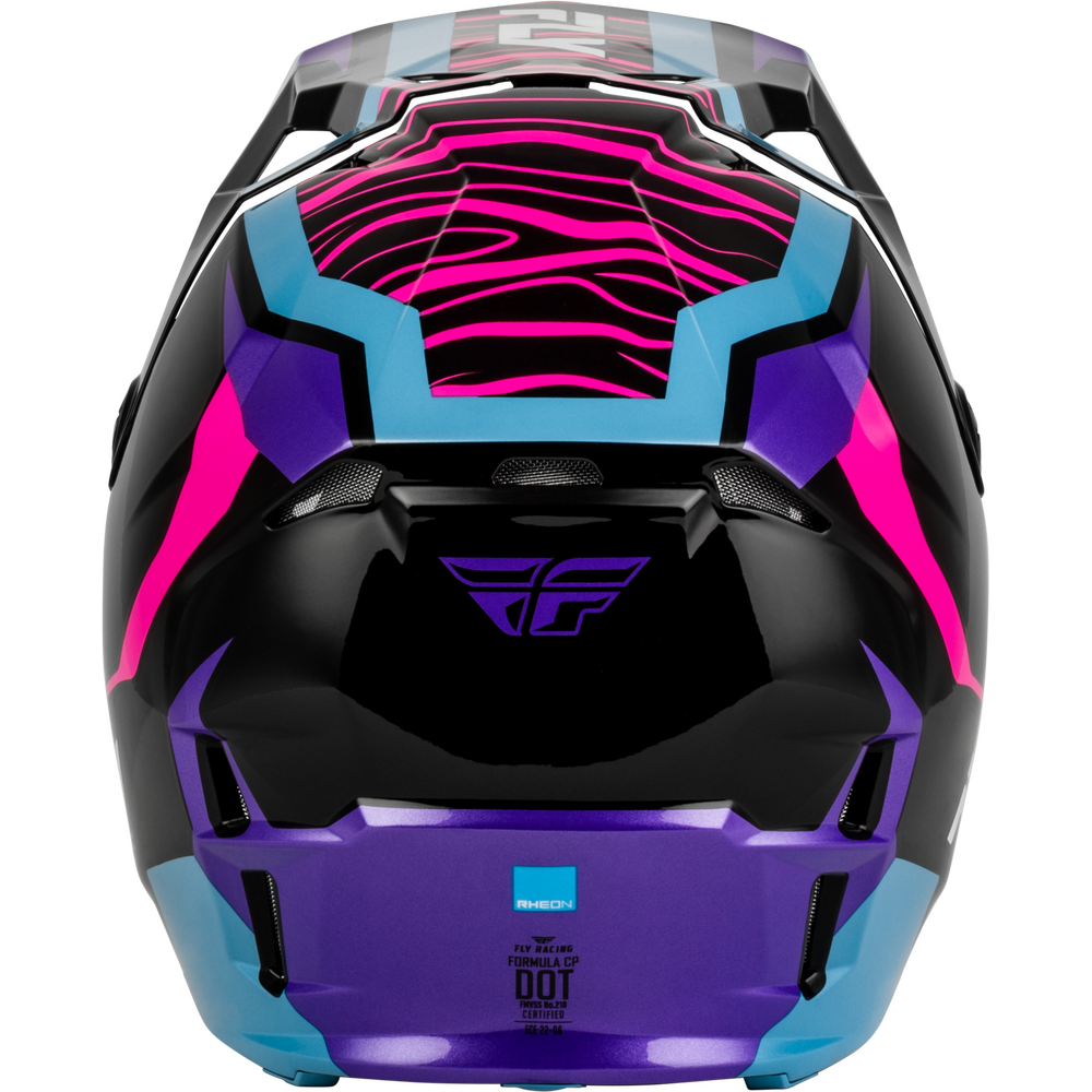 A close-up rear view of a full-face motocross helmet featuring a black base with vibrant purple, pink, and light blue graphic patterns and accents.