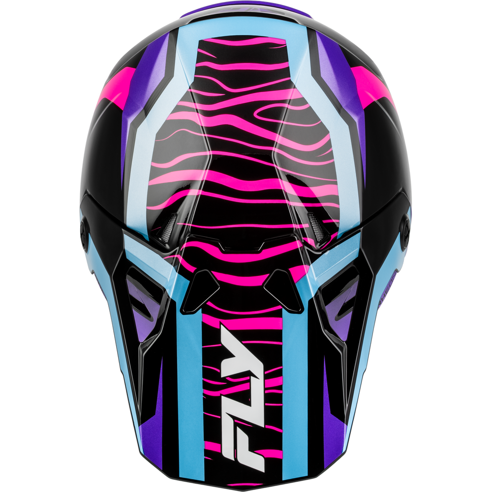 A full-face motocross helmet with a vibrant graphic design featuring a black and hot pink zebra-stripe pattern on the visor, light blue and purple geometric accents, and a prominent white 'FLY' logo on the lower front.