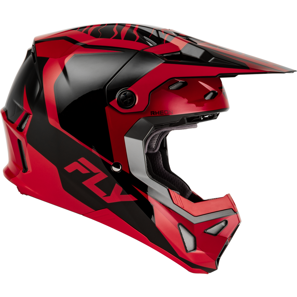 A red and black full-face motocross helmet with a matching visor, featuring the FLY brand logo on the side, shown against a plain white background.