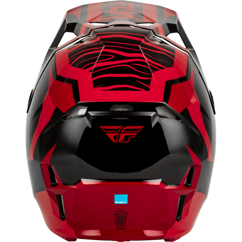 A red and black full-face motocross helmet shown from the rear, featuring a glossy black visor area with a red stylized logo, red geometric side accents, and a small blue certification sticker near the bottom.