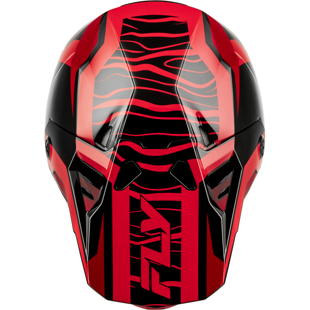 A red and black full-face motocross helmet with a bold graphic pattern, shown from the front against a plain white background.