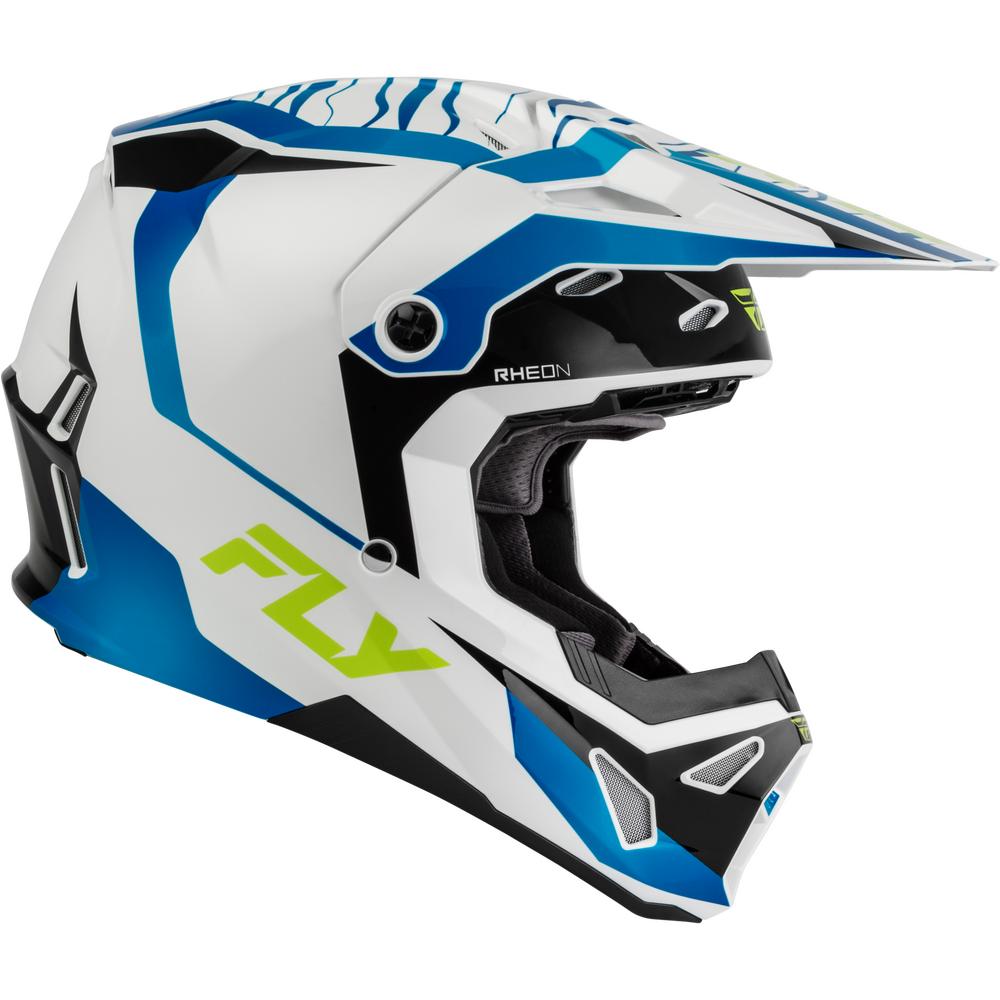 A white full-face motocross helmet with blue and black graphic accents and a lime green 'FLY' logo, shown on a plain white background.