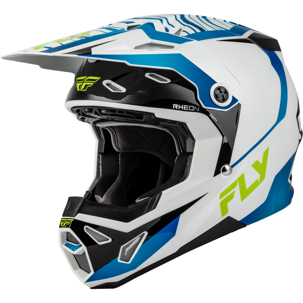 A white full-face motocross helmet with blue and black graphics, featuring the FLY brand logo in lime green on the side and chin guard.