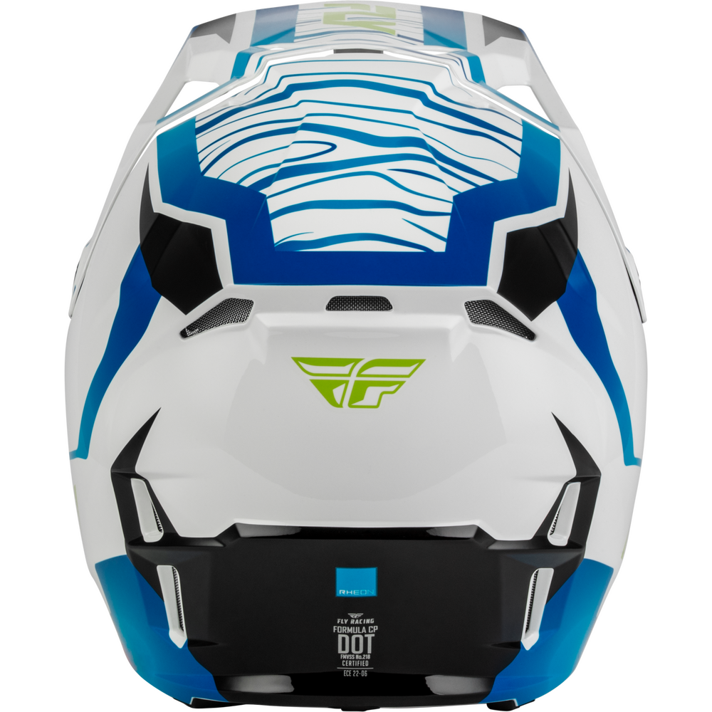White full-face motocross helmet with blue graphic patterns, black vents, and a green Fly Racing logo on the forehead, shown from the front against a white background.