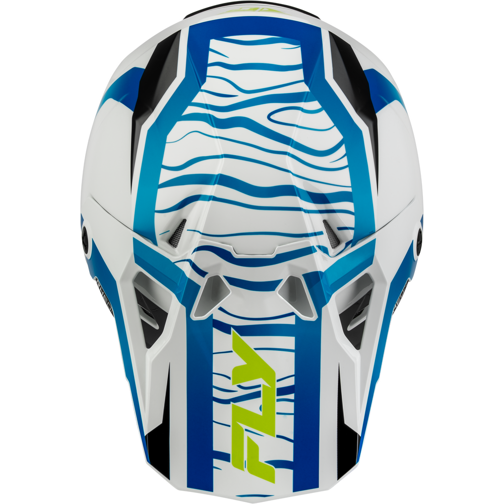 A white motocross helmet with blue and black graphic patterns and a bright green 'FLY' logo on the front, shown against a plain white background.