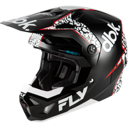 A black full-face motocross helmet with white and red graphics, featuring the 'dbl.k' and 'FLY' logos, shown on a plain white background.