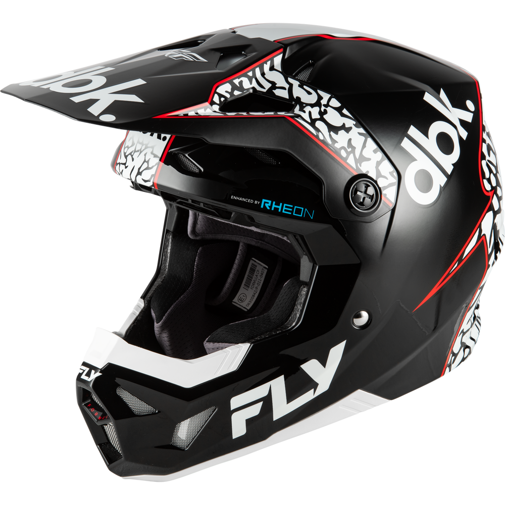 A black full-face motocross helmet with white and red graphics, featuring the 'dbl.k' and 'FLY' logos, shown on a plain white background.