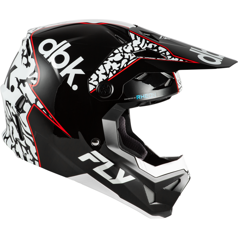 A black full-face motocross helmet with white and red graphics, featuring the 'dbk.' and 'FLY' logos, shown on a solid white background.