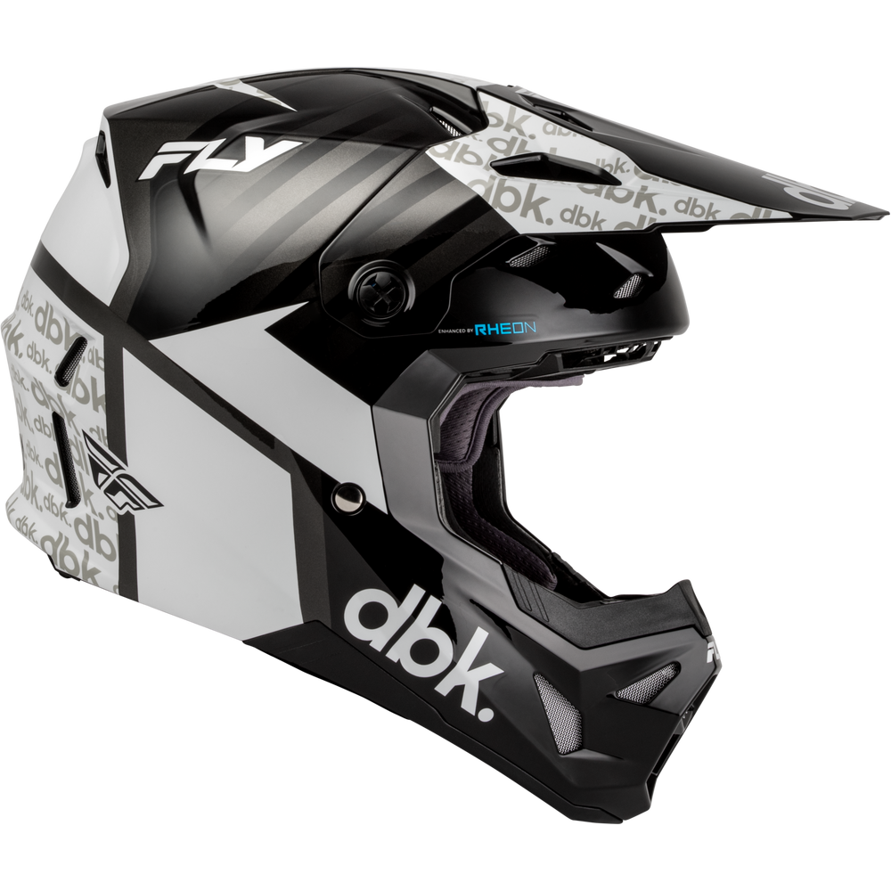 A black, white, and gray full-face motocross helmet with a matching visor, featuring the 'dbk' and 'FLY' logos on a clean white background.