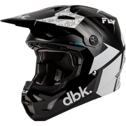 A black and white full-face motocross helmet with 'dbk.' and 'FLY' branding, shown from a three-quarters angle against a plain white background.