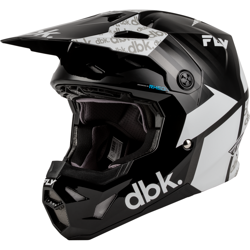 A black and white full-face motocross helmet with 'dbk.' and 'FLY' branding, shown from a three-quarters angle against a plain white background.