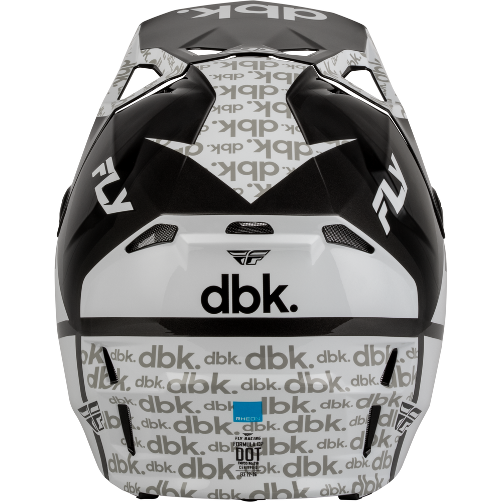 A black and white Fly Racing dbk. bicycle helmet shown from the rear, featuring a repeating 'dbk.