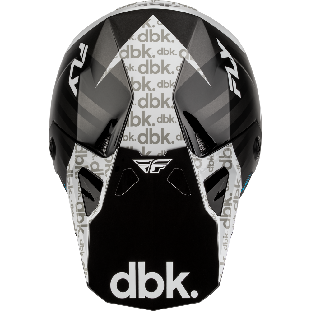 A black and white Fly Racing DBK motocross helmet shown from the front against a white background.