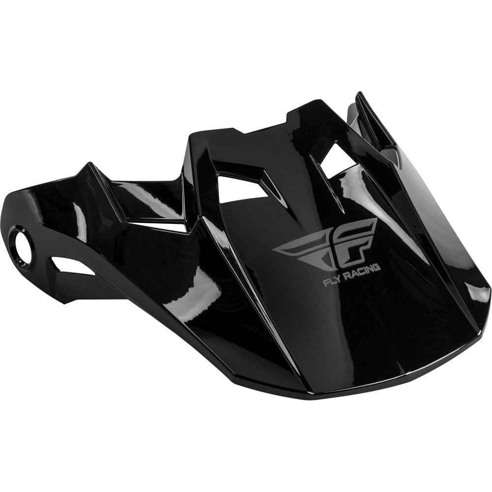 Black motorcycle peak visor with Fly Racing logo on a white background