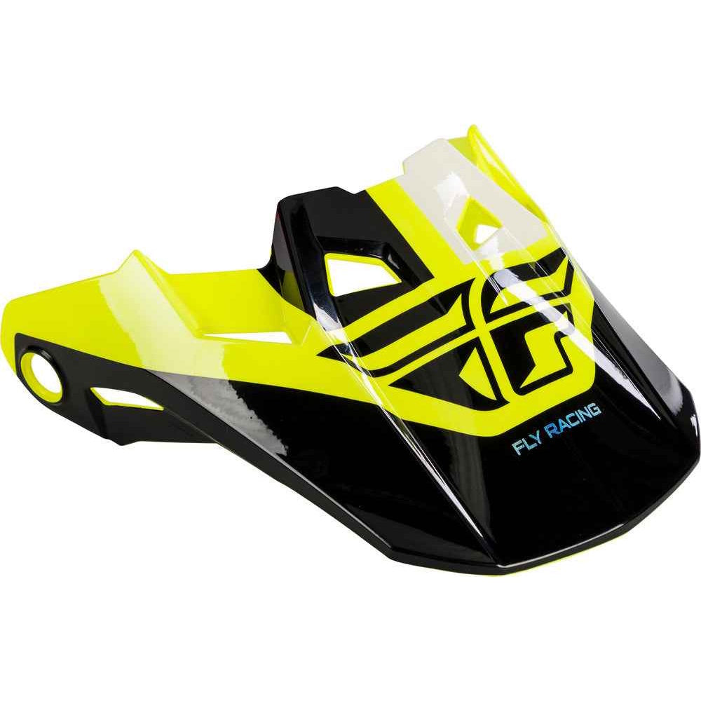 Black and yellow motocross helmet visor with 'Fly Racing' branding on a white background