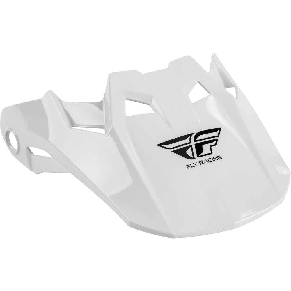White motorcycle peak visor with Fly Racing logo on a white background