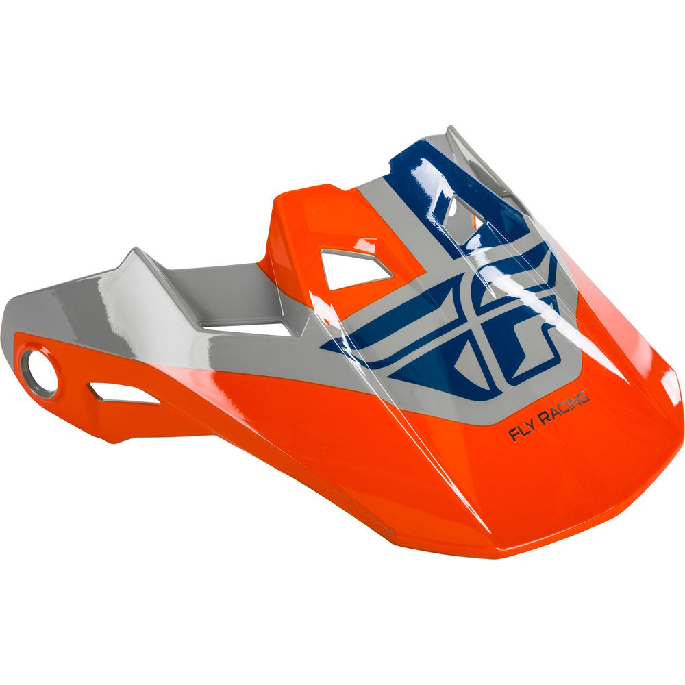 Orange and blue motorcycle peak visor with 'Fly Racing' branding on a white background