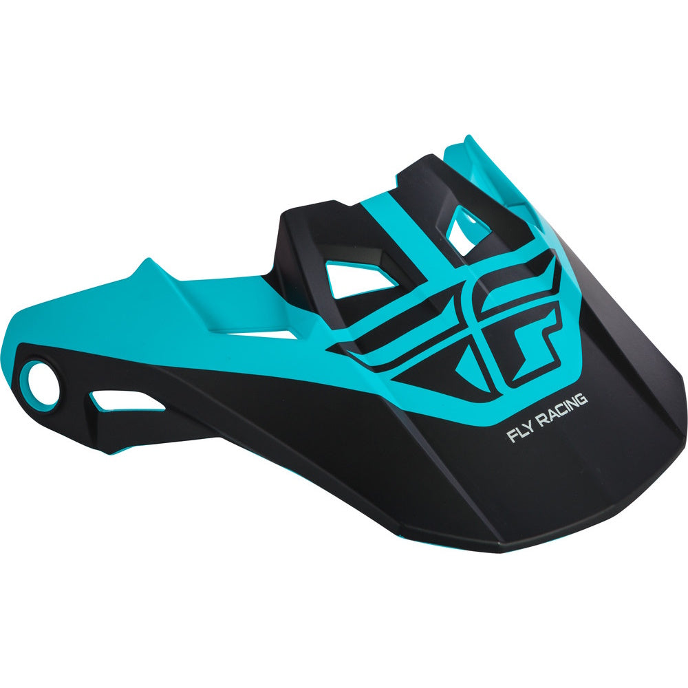 Turquoise and black Motorcycle Peak Visor with 'Fly Racing' branding on a white background