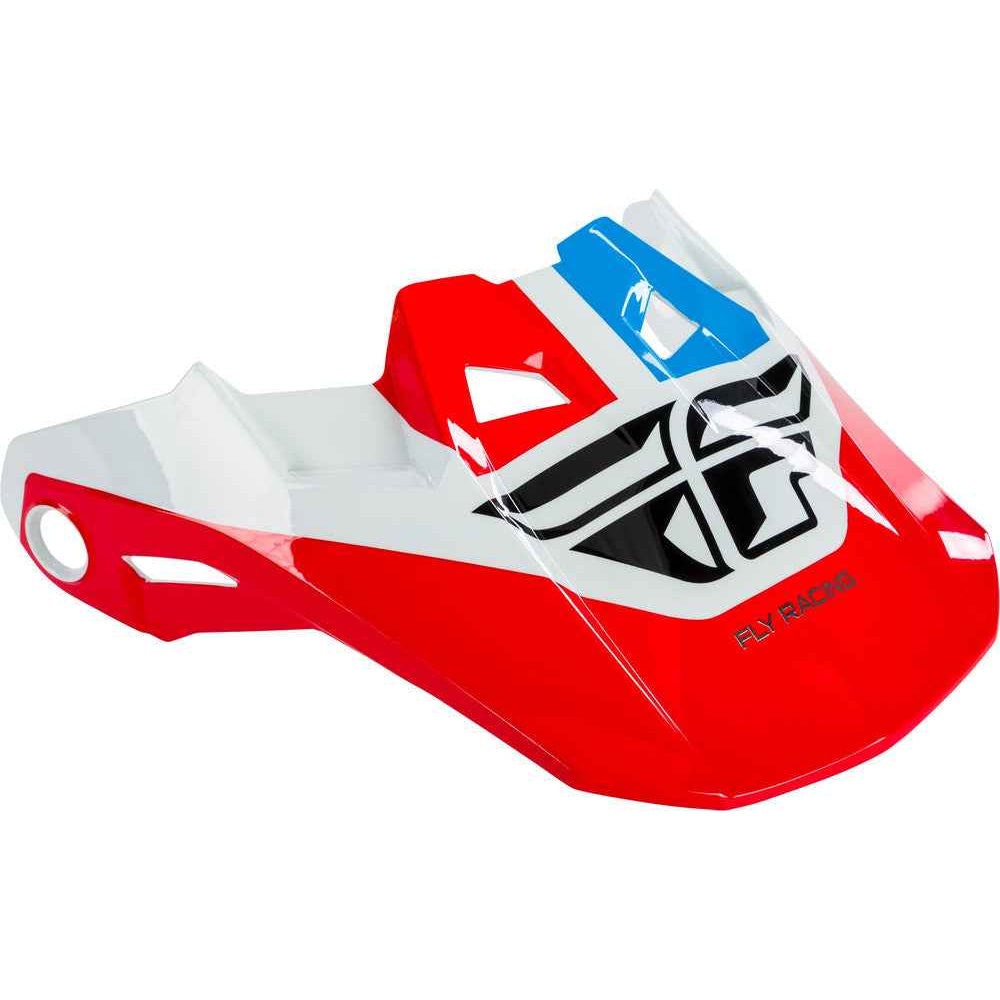 Red, white, and blue motorcycle Peak Visor with 'Fly Racing' logo on a white background