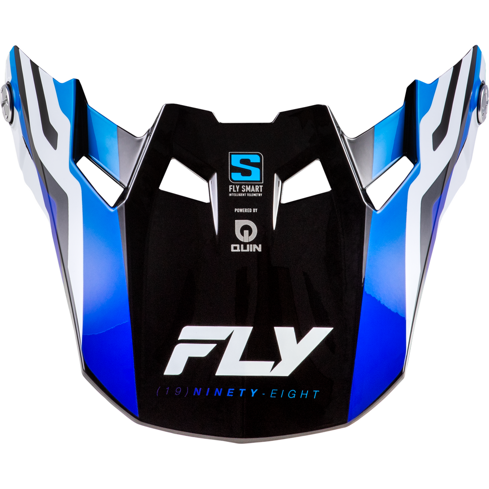 A motorcycle helmet visor with a glossy black center, vibrant blue and white graphic side panels, and printed branding including 'FLY', 'S FLY SMART', and 'POWERED BY QUIN'.