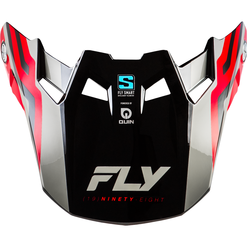 A glossy black motorcycle helmet visor with red and silver graphic accents, featuring the FLY brand name and S-FLY SMART technology logos.