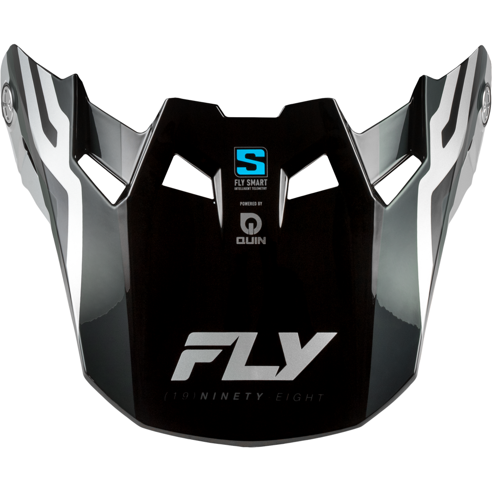 A glossy black motorcycle helmet visor with silver and white graphic accents, featuring the FLY Ninety Eight branding and a blue and black S Fly Smart logo.