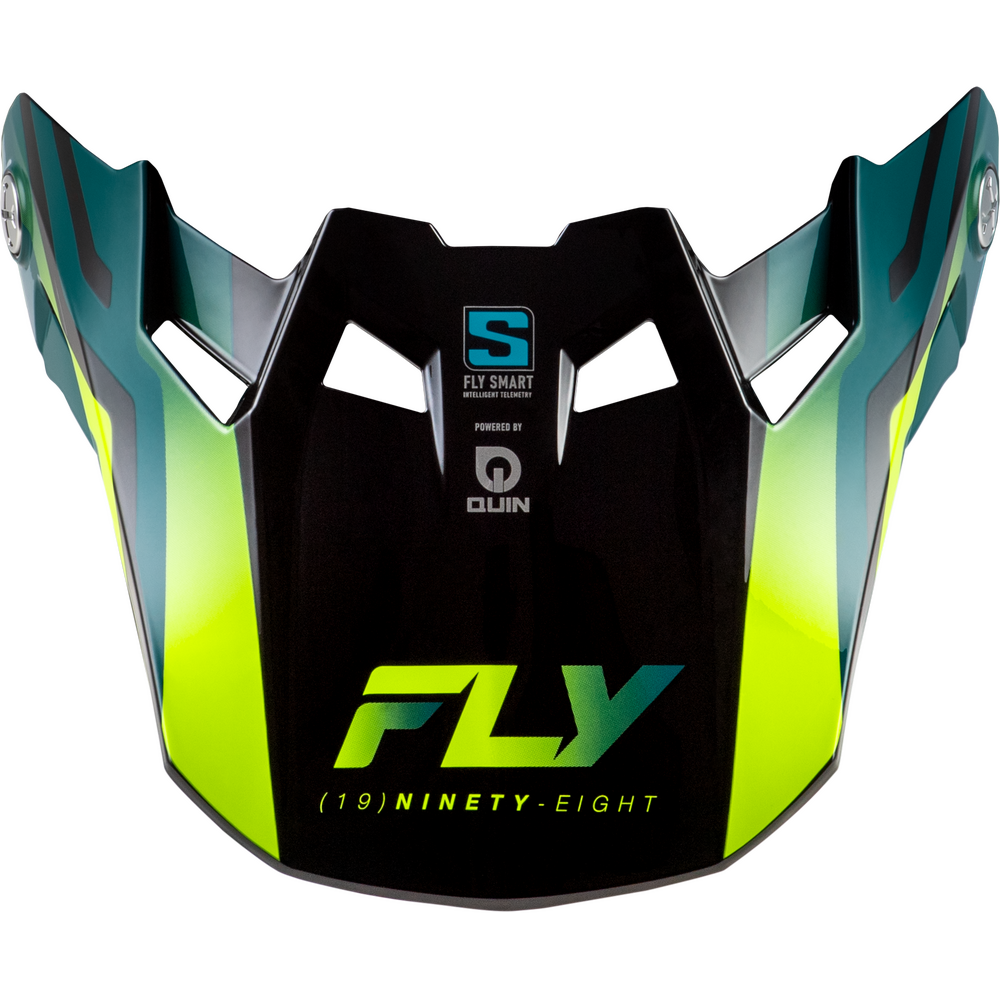 A Fly Racing full-face motorcycle helmet visor in black with neon yellow-green and teal accents, featuring the 'FLY' logo and 'QUIN' branding.