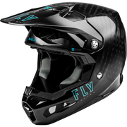 A black full-face motocross helmet with a subtle carbon fiber pattern, featuring bright teal 'FLY Racing' branding on the visor and lower shell, shown against a solid white background.