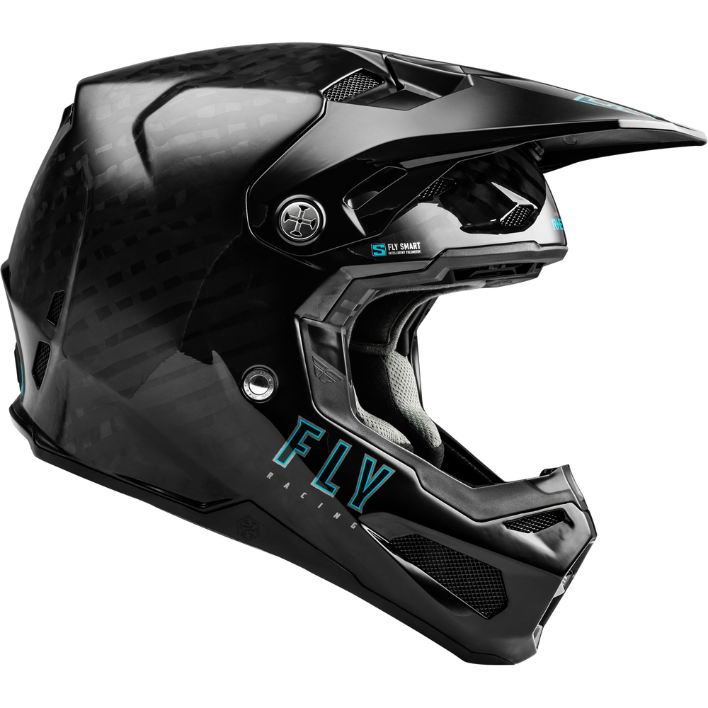 A black full-face motocross helmet with a subtle carbon fiber pattern, featuring a clear visor and the brand name 'FLY' in light blue on the lower side, set against a plain white background.