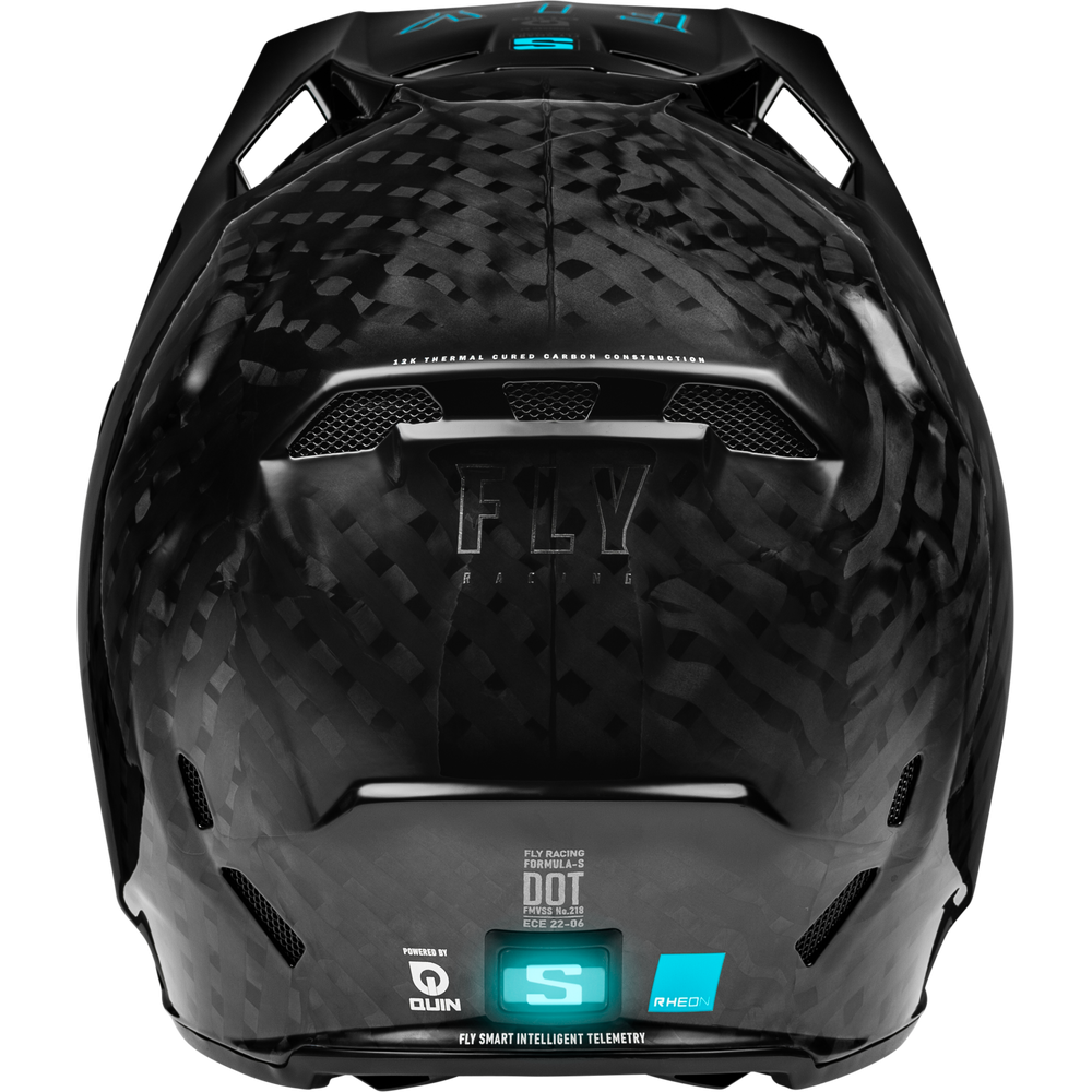 Racing motorcycle helmet shown from the rear, featuring a black carbon fiber pattern, a central FLY Racing logo, and a lower section with DOT S certification and Magellan smart textile details, isolated on a white background.