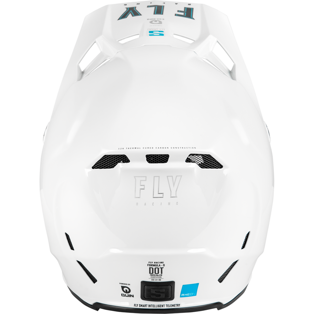 White Fly Racing full-face mountain bike helmet shown from the rear, featuring vent details, the FLY logo, and certification marks including DOT and OEKO-TEX on a clean white background.