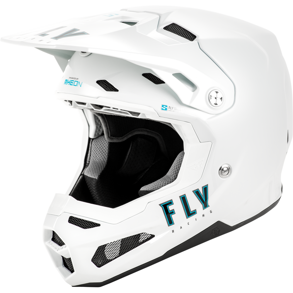 White full-face motocross helmet with teal and black branding, including 'FLY Racing' and 'Rhodon', shown on a clean white background.
