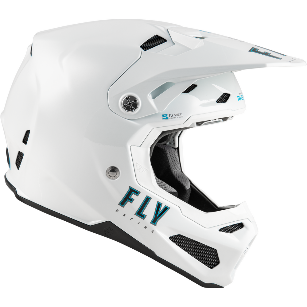 A white full-face motocross helmet with a visor, featuring the FLY Racing logo in teal on the lower side and a small blue and white logo near the side vent, shown against a plain white background.