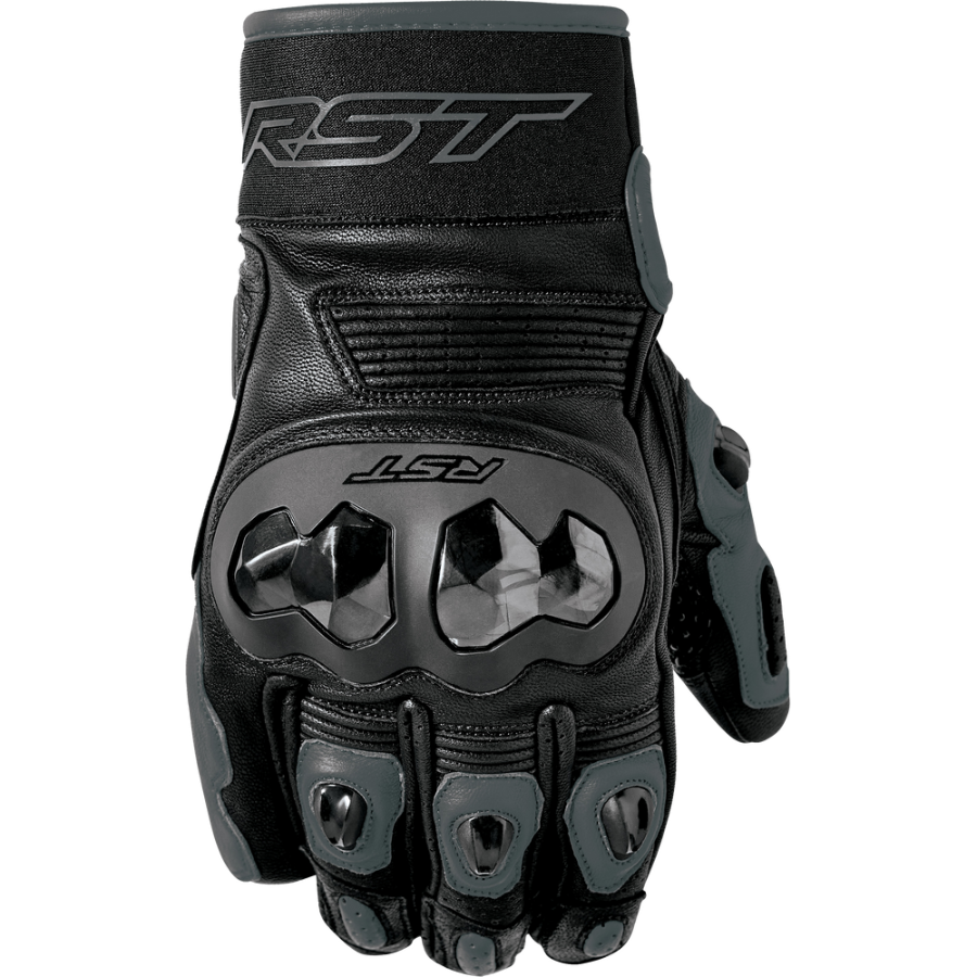 Black motorcycle glove with RST branding on a white background