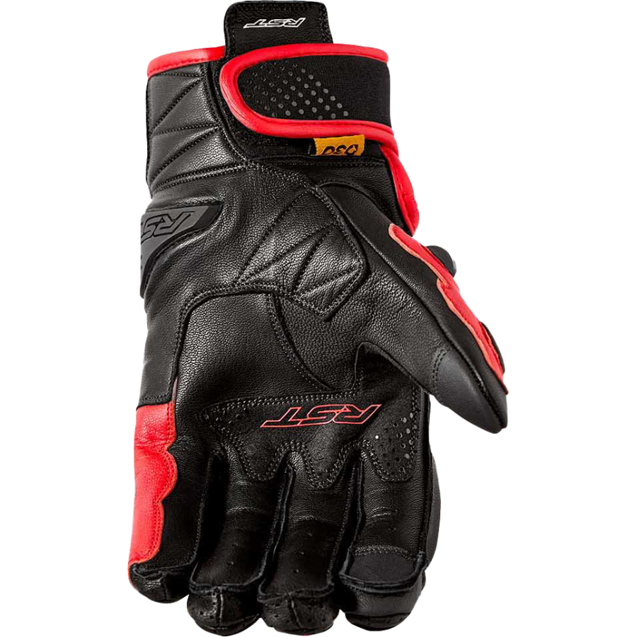Black and red motorcycle glove with visible branding on a white background