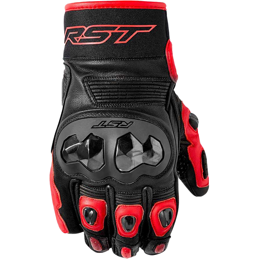 Black and red motorcycle glove with RST branding on a white background